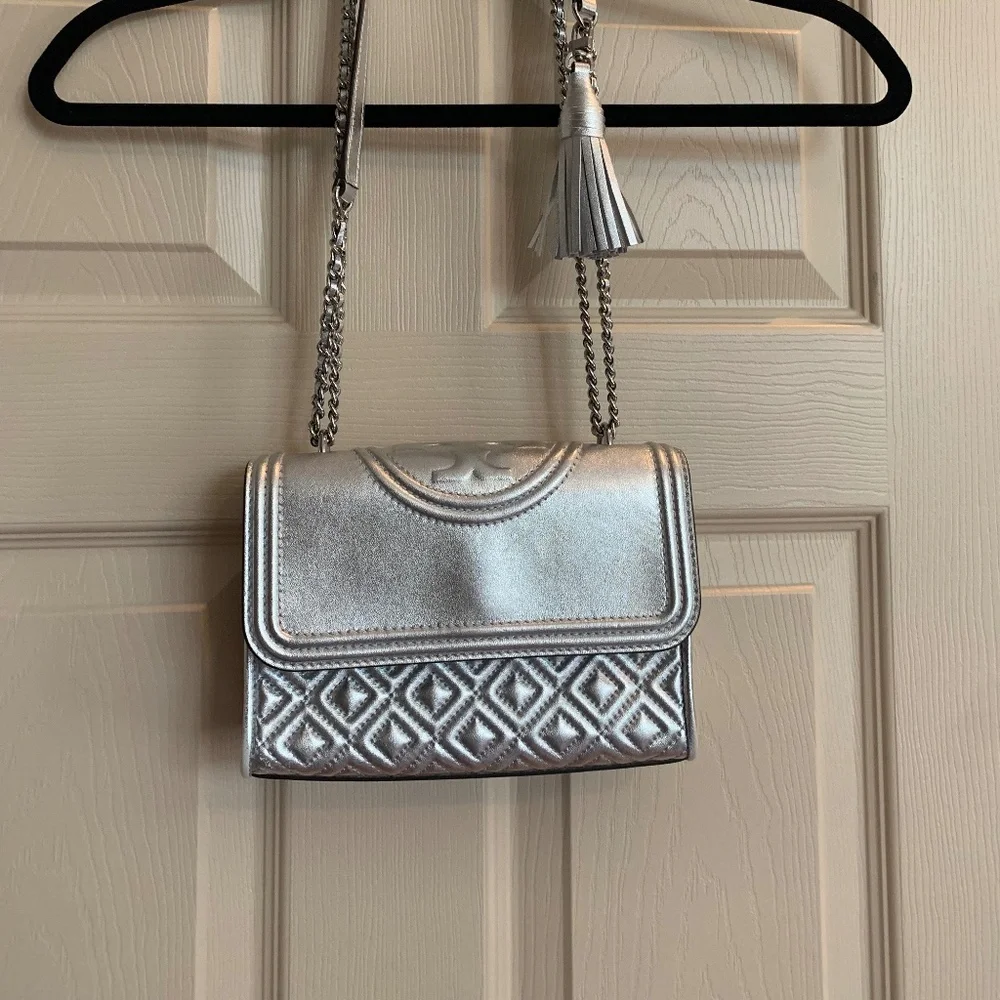 Tory Burch Silver Small Fleming Shoulder Handbag